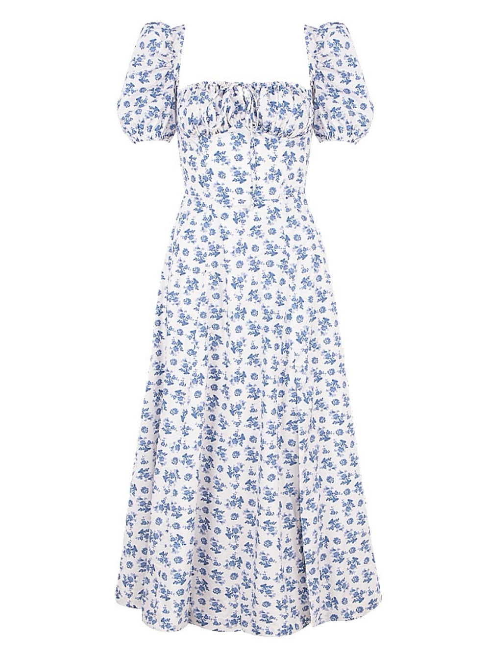 Blue Floral Puff-Sleeve Midi Dress